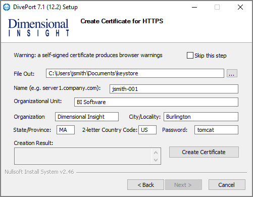The Create Certificate for HTTPS window.